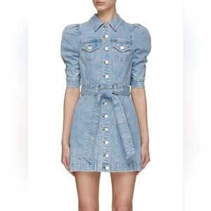 Alice + Olivia Magali Ruched Puff Sleeve Belted Denim Mini Dress Stretch 4 Small